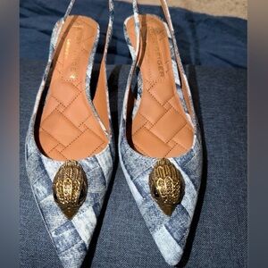 New Kurt Geiger Blue Denim and Gold sling backs